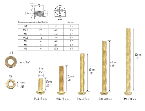 LBY 160pcs Machine Screws Assortment Kit, M4 Phillips Pan Head Bolts, 5 Sizes (with Nuts and Flat Washers), Copper (Yellow) - size: M4