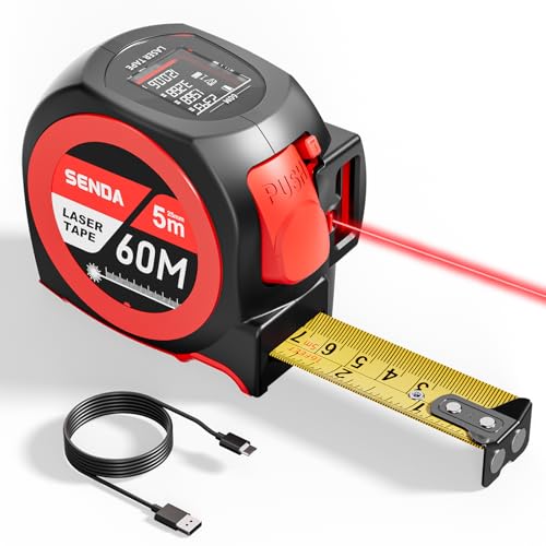 SENDA 3-in-1 Laser Tape Measure - 197Ft Rechargeable Laser Measuring Tape with Led Display & 16Ft Measuring Tool with Magnetic Hook & Auto Lock -20 Data Sets,Pythagorean/Area/Volume,Ft/Ft+in/in/M Unit - color: Red(USB-C Charge), size: 197 FT