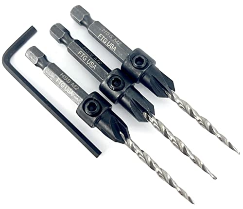 FTG USA #6 (9/64") Wood Countersink Drill Bit 3-Pc Set with Hex Key - size: #6, style: 3 Pc w/o Depth Stop