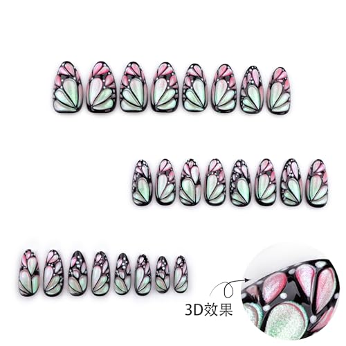 3D Butterfly Wing Press On Nails Almond - 24PCS Pink Iridescent Medium Fake Nails with Design, Glossy Reusable Stick On Nails for Women, Cute Nail Art for DIY, Party, Daily Wear - color: 12-Enchanted Rhythm Wing