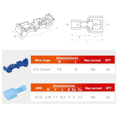Nilight 120PCS/60 Pairs Blue T-Tap Quick Splice Disconnect Wire Terminals - size: 120Pcs 16-14AWG