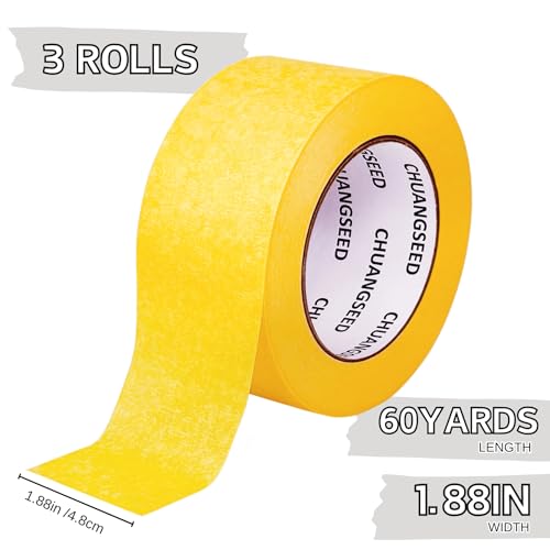 CHUANGSEED 3-Pack Yellow Painters Tape 1.88 Inches x 60 Yards Blue Masking Tape Bulk - Sharp Edge Line Technology, Produces Sharp Lines Residue-Free and Artisan Grade Wall Trim Tape - color: Yellow