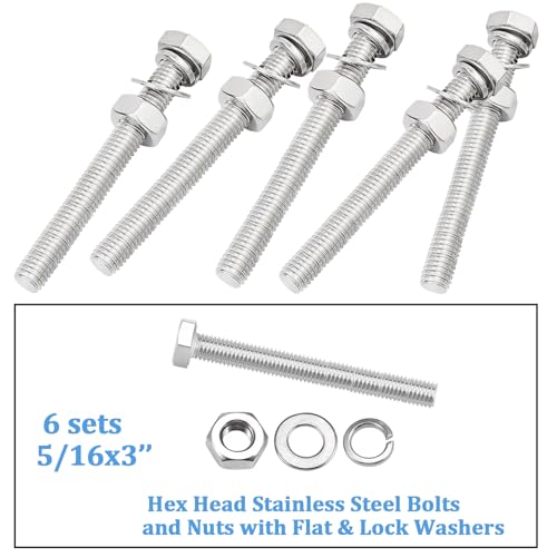 6 Sets 5/16-18 x 3" Stainless Steel Hex Head Screws Bolts, Flat, Nuts & Lock Washers,Hex Bolts 18-8(304) Full Thread - color: Silver, size: 5/16-18 x 3"（6 Sets）
