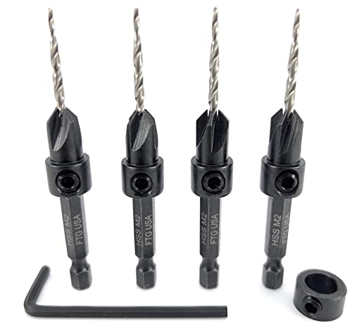 FTG USA #4 (7/64") Wood Countersink Drill Bit 4-Pc Set with 3/8" Depth Stop - size: #4, style: 4 Pc with Depth Stop