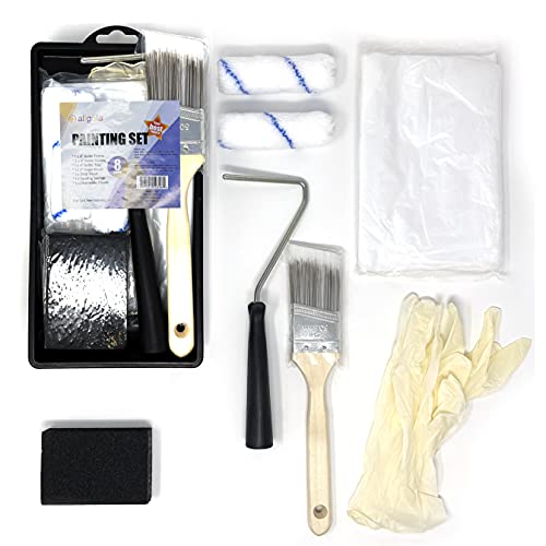 Allgala Paint Roller Kit 8 Pack 4 Inch Mini Micofiber Rollers with Tray Brush Gloves Drip Sheet Mini Roller Frame - color: 8PC Mini