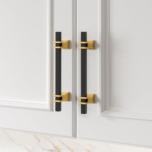 Haliwu 10 Pack Black and Gold Cabinet Pulls, 5 inch Kitchen Handles, Square Dresser Drawer Hardware - color: Black & Matte Gold, size: Hole Center Spacing：128mm (5-1/16 inch)
