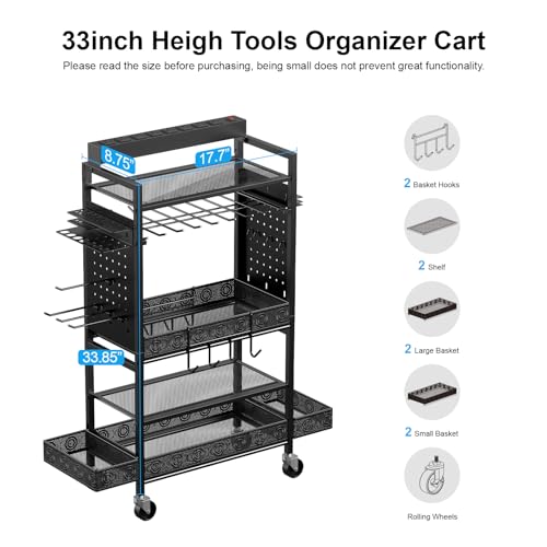CCCEI Garage Power Tools Organizer Cart with Charging Station, Black Floor Standing Rolling Drill and Tools Battery Storage Cart on Wheels. Utility Rack Gift for Men, Husband, Father. - size: Standard