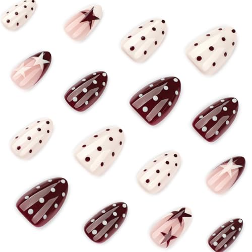 Short Almond Press On Nails Red White with Y2K Star Polka Dot - color: Style20