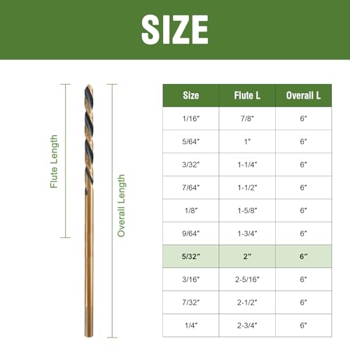 5/32" x 6" Extra Long Drill Bit (6 Pack), Aircraft Extension Drill Bits M2 High Speed Steel for Wood, Soft Metal, Plastic - size: 5/32 in