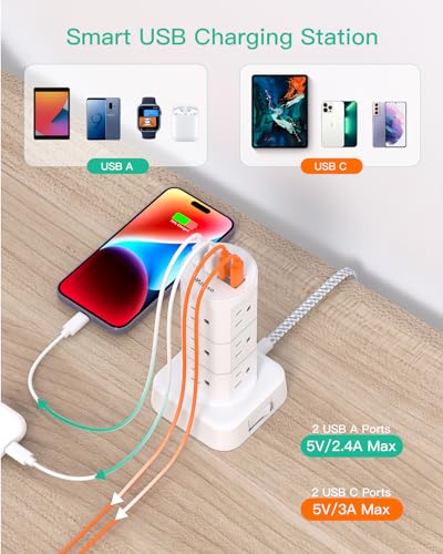Power Strips with Surge Protection, Flat Plug Power Strip Tower - color: White, size: 6 FT
