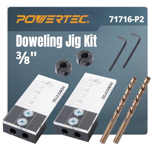 POWERTEC Dowel Jig Kit, Doweling Jig Kit 3/8", Dowel Jigs Woodworking, Laser Cut Witness Mark, with Depth Scale, Drill Guide Dowels, Cobalt M-35 Drill Bit & Split Ring Stop Collar 71716-P2 - style: 2PK 3/8" Doweling Jig Kit w/ Bit & Collar