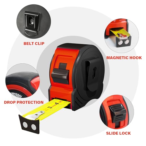 HAUTMEC 25 Ft Heavy Duty Tape Measure with Fractions & Magnetic Hook, 6-Pack Professional Retractable Measuring Tape for Construction, Carpentry, Contractors, Workshop & DIY 25001