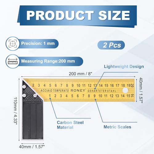 HARFINGTON 2Pcs Woodworking Square Ruler 8" Carbon Steel Try Square Metric Precision Framing Carpenter Tool Right Angle Ruler with Aluminium Handle for Professional Carpentry, Yellow Black - size: 8"