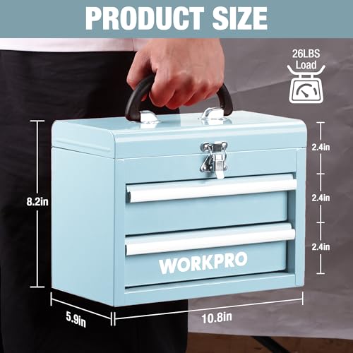 WORKPRO Portable Mini Metal Tool Box with 2 Drawers - color: Macaron Blue