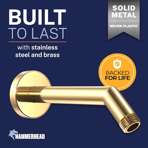 HammerHead® Solid Metal Shower Arm and Flange - 7.5 Inch 304 Stainless Steel Extension Pipe - Universal Shower Head Arm with Flange and Locking Screw, Polished Brass - color: Polished Brass