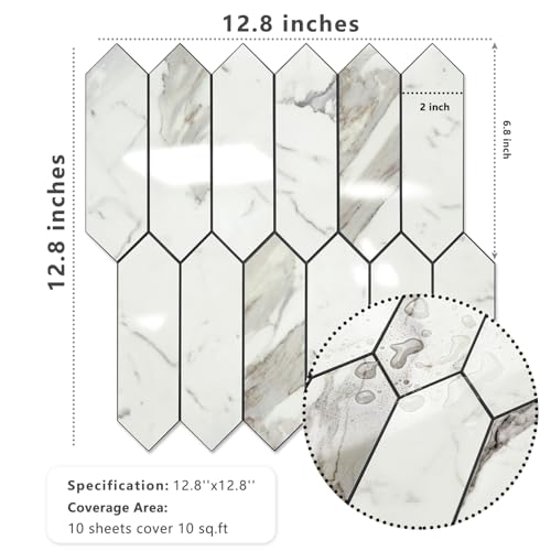 Vamos Tile Glossy Carrara White Backsplash Tile Peel and Stick, 12.8 x 12.8 Inch 10 Sheets Long Hexagon PVC Self Adhesive Mosaic Wall Tiles Stick on Backsplash for Kitchen and Bathroom - color: Glossy Carrara White with Dark Gray Grout