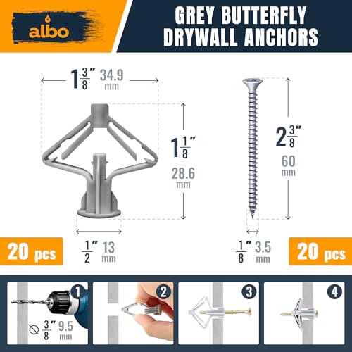 ALBO Drywall Anchor Kit with Screws - 120 Pcs Hollow Wall Set (Grey Butterfly, White Butterfly, Self Drilling, Screws) - Plastic Anchors for Drilling Hollow Walls - color: Kit 3in1