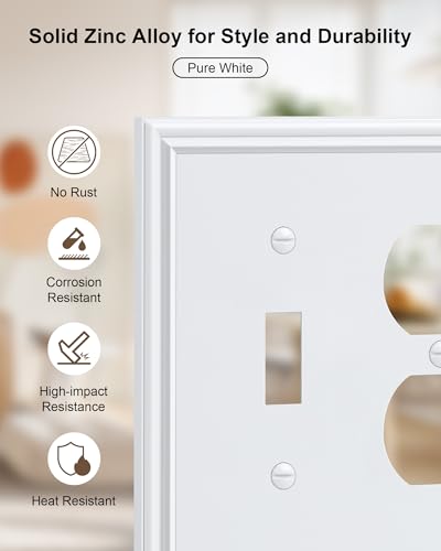 2-Pack Zinc Alloy Combo Toggle/Duplex Light Switch Cover Plate - color: Pure White, size: 1 Toggle/1 Duplex 2PK