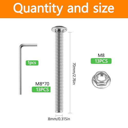 26 Pcs M8 x 70mm Flat Head Hex Socket Cap Screws Bolts Kits, 18-8 (304) Stainless Steel,Metric Bolt Assortment, Fully Threaded for Furniture, Bed, Chairs - size: M8x70mm-26Pcs