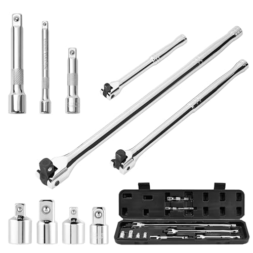 Home Tool Kit with Breaker Bar & Extension Bar Set - General Household Repair Hand Tools (Hammer, Pliers, Wrench) Includes Socket Adapters & Heavy Duty Leverage Bars for DIY Auto Repair & Maintenance