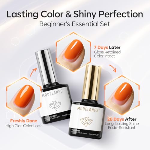 modelones Gel Top Coat and Silky Base Set 15ml Upgrade No Wipe Glossy