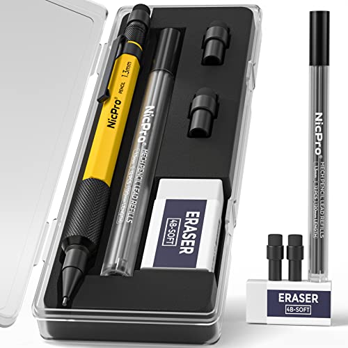 Nicpro MP2000 1.3mm Metal Mechanical Pencil Set with Case (Yellow) - style: 1 Pack (Yellow)