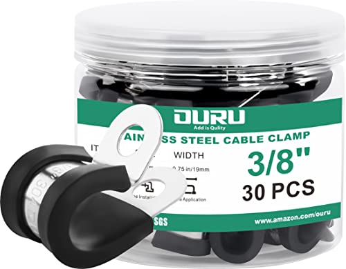 OURU 30pcs 3/8 Inch Stainless Steel Cable Clamps,Rubber Coated Cushioned Insulated Cable Clamp,Automotive Cable Wire Clamps,Pipe Clamps,Metal Clamp for Tube,Lines,Wire Cord Installation(Black,10mm) - size: 30pcs - 3/8"