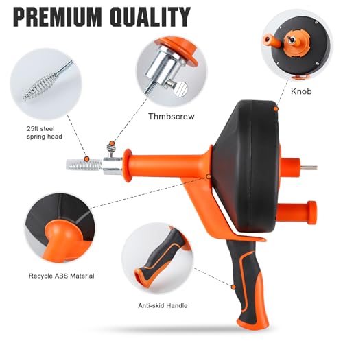 Drain Auger 25 Ft,Plumbing Snake With Drill Adapter,Pipe Clog Remover for Kitchen Bathroom Shower Sink Cleaning,Flexible Spring Steel