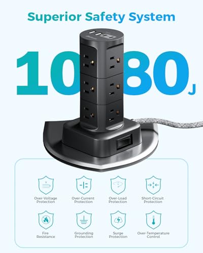 Charging Station Tower, Power Strips with Surge Protection, Flat Plug - color: Black, size: 6 FT