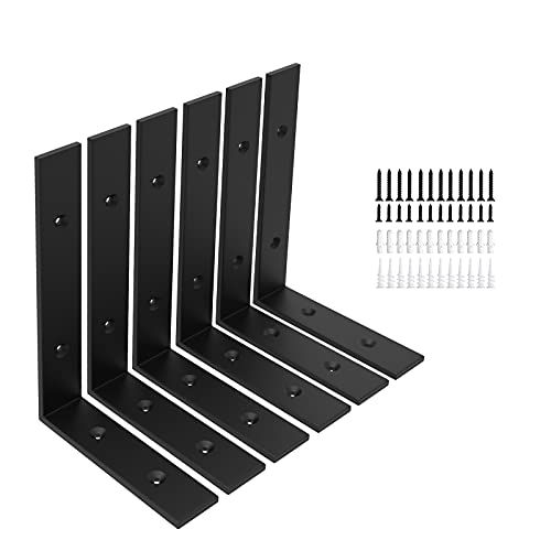 6-Pack Heavy Duty 10-Inch Black Shelf Brackets, L Shelf Bracket 10 Inch for Floating Shelves, 1/5-Inch Thick - color: Black 6Pack, size: 10 Inch