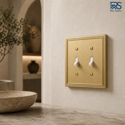 Rio Salto 2 Light Switch Cover Plate Gold Toggle Wall Plate Cover Brushed Brass Gold Metal Outlet Covers Double Switch Cover Light Switch Plate Wall Plates — Imperial Collection Midsize 5.00" X 5.00" - color: Brushed Gold, size: Toggle 2-Gang