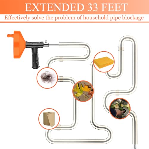 33 Feet Drain Snake Auger, Plumbing Snake Drain Hair Clog Removal Tool, Heavy Duty Toilet Snake Auger, Sink Unclogger Drain Cleaner Tool for Bathroom Kitchen Tub Shower with Gloves