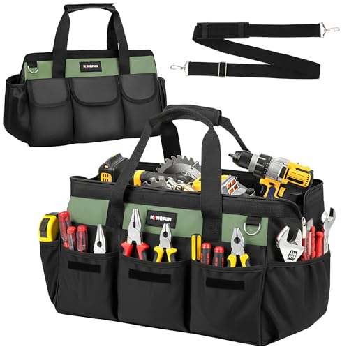 Kingfun 16 Inch Heavy Duty Wide Mouth Tool Bag with 14 Pockets - color: Green