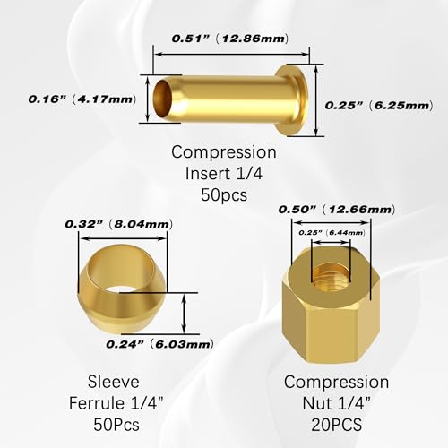 120PCS 1/4 inch Compression Fittings Assortment kit -（1/4") 50 Brass Compression Sleeve Ferrule, 50 Insert & 20 nuts - used to connect lines for air,water,fuel,oil and inert gases - size: 120pcs Kit