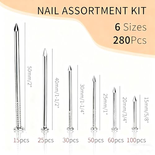 280 Pcs Nail Assortment Kit, 6 Sizes Finishing Nails for Hanging Pictures, Maximum Length 2 Inches Galvanized, Long and Small Nails for Wall Art