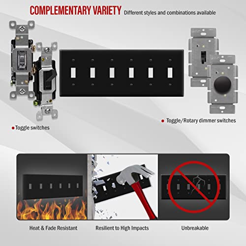 ENERLITES Six Gang Light Switch Wall Plate, Toggle Switch Plate, 6-Gang Standard Size 4.50" x 11.81", Unbreakable Polycarbonate Thermoplastic, 8816-BK, Black - color: Black, size: Standard Size