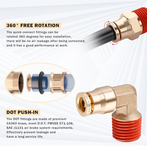 CheeMuii 76 Pcs Brass DOT Air Line Fittings with 1/4" & 3/8" DOT Air Hoses - size: 2ROLL-80PCS-RED