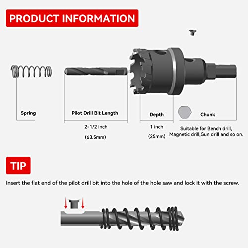 1" (25.5mm) Tungsten Carbide Tipped Hole Saw with 2Pcs Titanium-Plated Pilot Drill Bits for Hard Metal,Stainless Steel,Iron,Aluminum Alloy,Wood and Plastic - size: 25.5mm | 1"