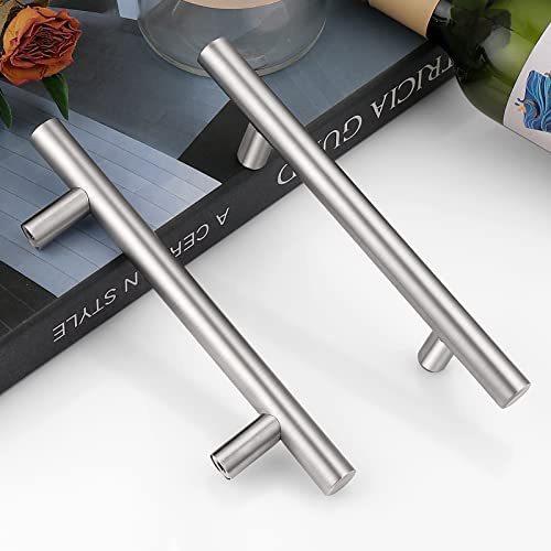 Probrico 30 Pack|4 Inch Hole Centers Satin Nickel Cabinet Handles, Euro Style Drawer Pulls, Stainless Steel Modern Round T Bar Kitchen Cabinet Pulls, Cabinet Hardware for Bathroom Bedroom - color: Brushed Nickel, size: hole center 4"