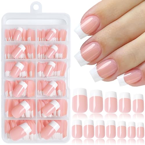 Short French Tip Press on Nails Square Fake Nails Press ons Glue Nail-C