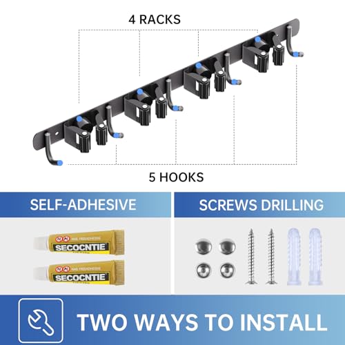 ZONGOOL Wall Mount Broom Holder 4 Racks 5 Hooks Metal Tool Organizer Black - color: Black, size: 1Pack 4R5H