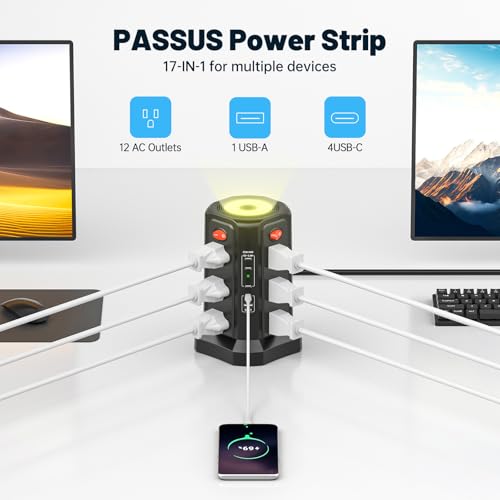 PASSUS Tower Surge Protector Power Strip with PD 65W USB C Port - color: Black-4C1A