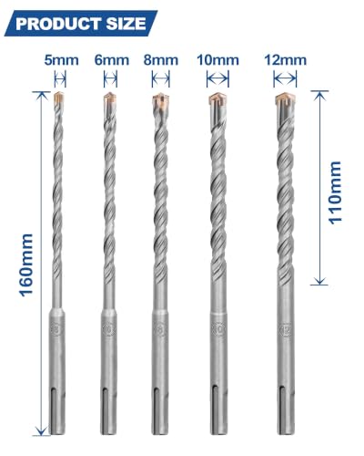 HIGHDRIL Concrete Drill Bit Set - 10Pcs 3/16" X2, 1/4" X3, 5/16" X2, 3/8" X2, 1/2" (6-inch Length) Carbide Masonry Drill Bit Kit, Hammer Drill Bits for Concrete, Brick, Stone, Granite - size: Kit 1