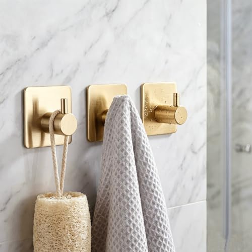 Fotosnow Gold Brushed 304 Stainless Steel Adhesive Wall Hooks, 15 lbs Heavy Duty No Drill Waterproof Rustproof Oil Resistant Anti-Slip Stick On Hooks-6 Pack - color: Gold-6 Pack