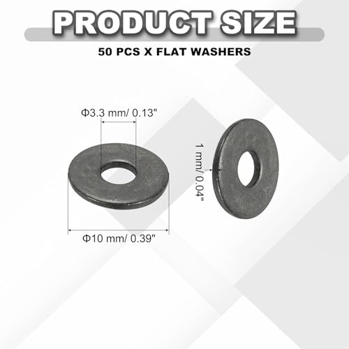 PATIKIL M3 Flat Washers 1/8" ID x 3/8" OD, 50 Pcs 304 Stainless Steel Metal Metric Washers Black Electroplated Flat Gasket Spacer for Screws and Bolts, Black - size: M3 x1/8"ID x 3/8"OD