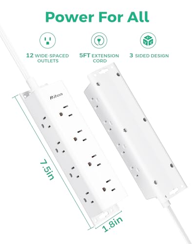 Surge Protector Power Strip, 12 Wide Spaced Multi Outlets, Wall Mount - color: White, size: 5 FT