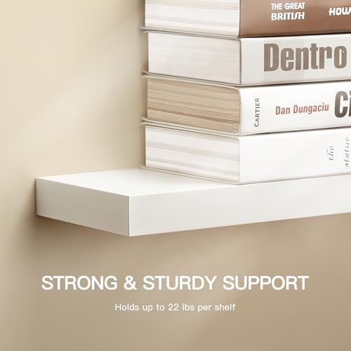 Amada 47 Inch Floating Shelves with Invisible Brackets, Set of 2, White | Wall Shelves with Hidden Bracket, Solid MDF Wood, 22 lbs Max Load per Shelf, Easy to Assemble, Multi-Wall Compatible - color: White, size: 47 inches