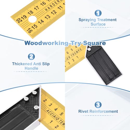 HARFINGTON 2Pcs Woodworking Square Ruler 8" Carbon Steel Try Square Metric Precision Framing Carpenter Tool Right Angle Ruler with Aluminium Handle for Professional Carpentry, Yellow Black - size: 8"