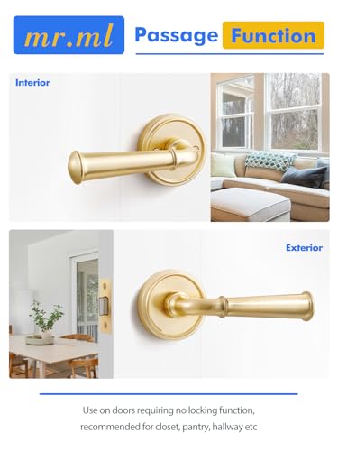 Door Handle Brushed Gold Passage Door Lever Gold DoorHandle, 1 Pack - color: Brushed Gold