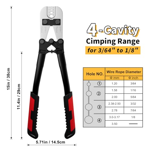 Wire Rope Crimping Tool 1/8'', Steel Crimper & 50pcs Alum. Sleeves